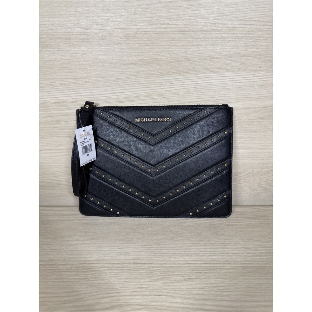 Michael Kors Ellis XL Leather Studded Clutch Wristlet‎ Blk Leather Gold Hardware